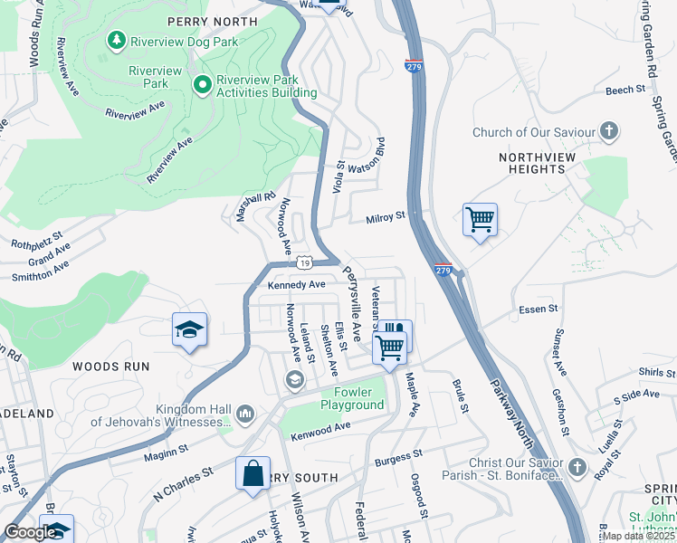 map of restaurants, bars, coffee shops, grocery stores, and more near 103 U.S. 19 in Pittsburgh