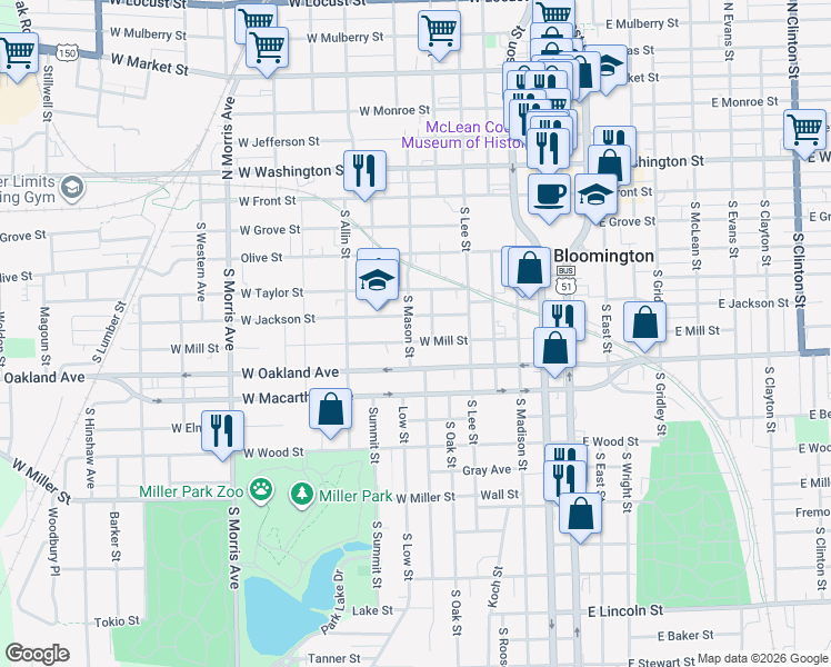 map of restaurants, bars, coffee shops, grocery stores, and more near 510 South Mason Street in Bloomington