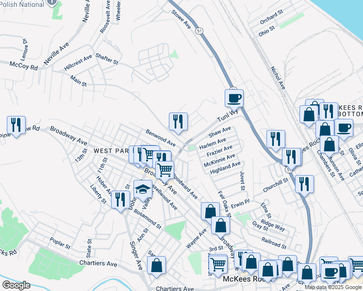 map of restaurants, bars, coffee shops, grocery stores, and more near 223 McCoy Road in McKees Rocks