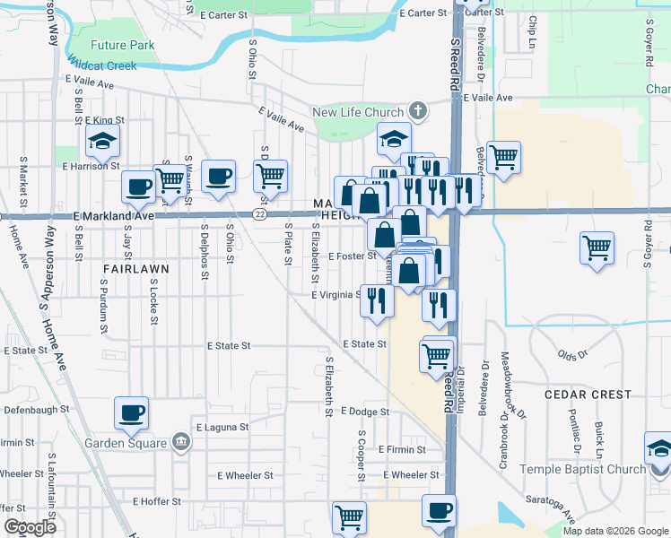 map of restaurants, bars, coffee shops, grocery stores, and more near 1113 South Calumet Street in Kokomo