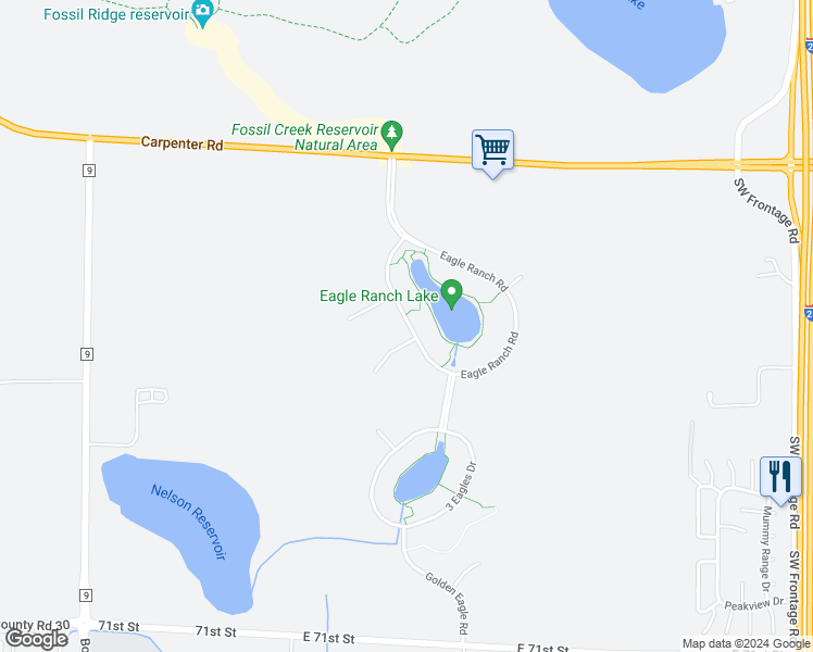 map of restaurants, bars, coffee shops, grocery stores, and more near 7842 Eagle Ranch Road in Fort Collins