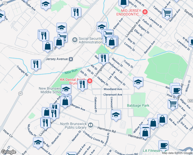 map of restaurants, bars, coffee shops, grocery stores, and more near 708 Livingston Avenue in North Brunswick Township