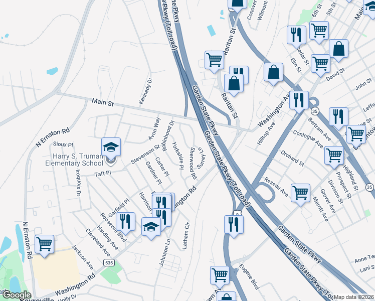 map of restaurants, bars, coffee shops, grocery stores, and more near 3 Cambridge Drive in Sayreville