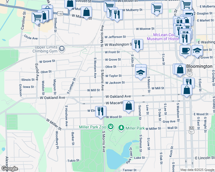 map of restaurants, bars, coffee shops, grocery stores, and more near 502 South Morris Avenue in Bloomington