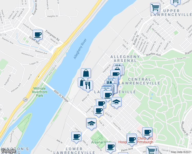 map of restaurants, bars, coffee shops, grocery stores, and more near 4501 Hatfield Street in Pittsburgh