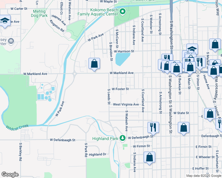 map of restaurants, bars, coffee shops, grocery stores, and more near 951 West Foster Street in Kokomo