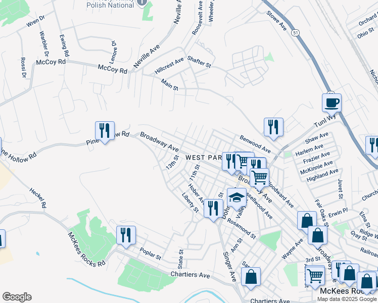 map of restaurants, bars, coffee shops, grocery stores, and more near 1204 Broadway Avenue in McKees Rocks