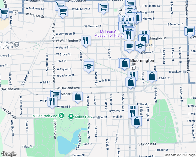 map of restaurants, bars, coffee shops, grocery stores, and more near 510 South Mason Street in Bloomington