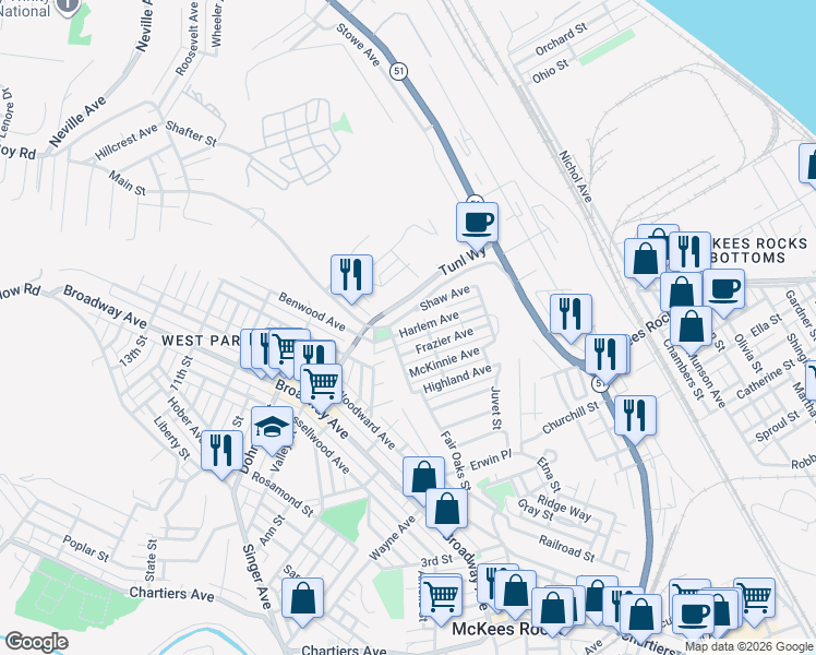 map of restaurants, bars, coffee shops, grocery stores, and more near 92 Harlem Avenue in McKees Rocks