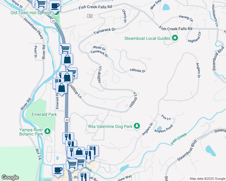 map of restaurants, bars, coffee shops, grocery stores, and more near 755 Hilltop Lane in Steamboat Springs