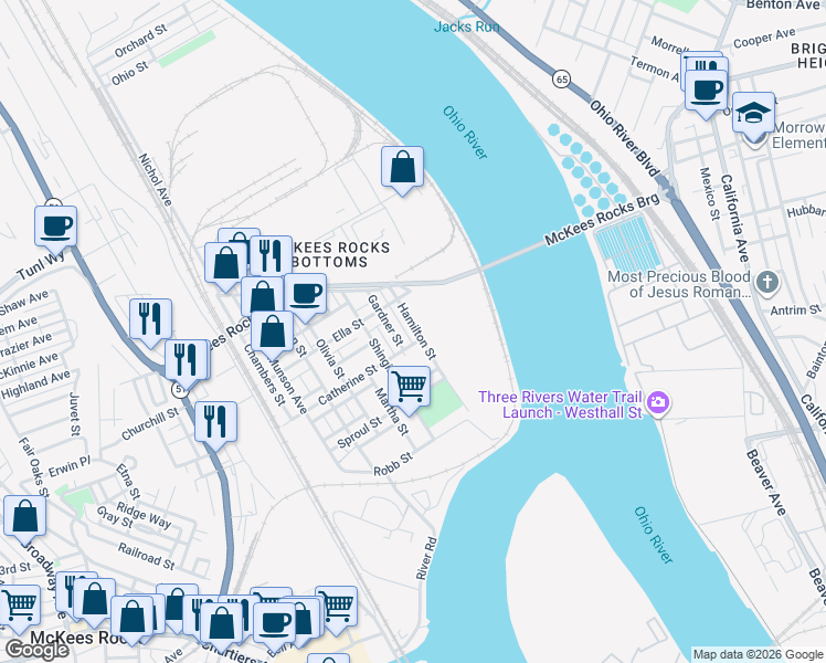 map of restaurants, bars, coffee shops, grocery stores, and more near 308 Gardner Street in McKees Rocks