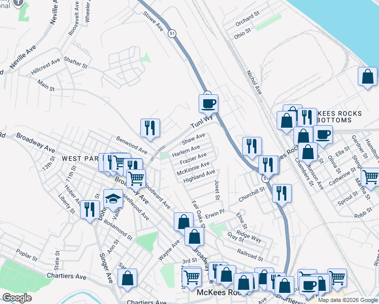 map of restaurants, bars, coffee shops, grocery stores, and more near 53 Harlem Avenue in McKees Rocks