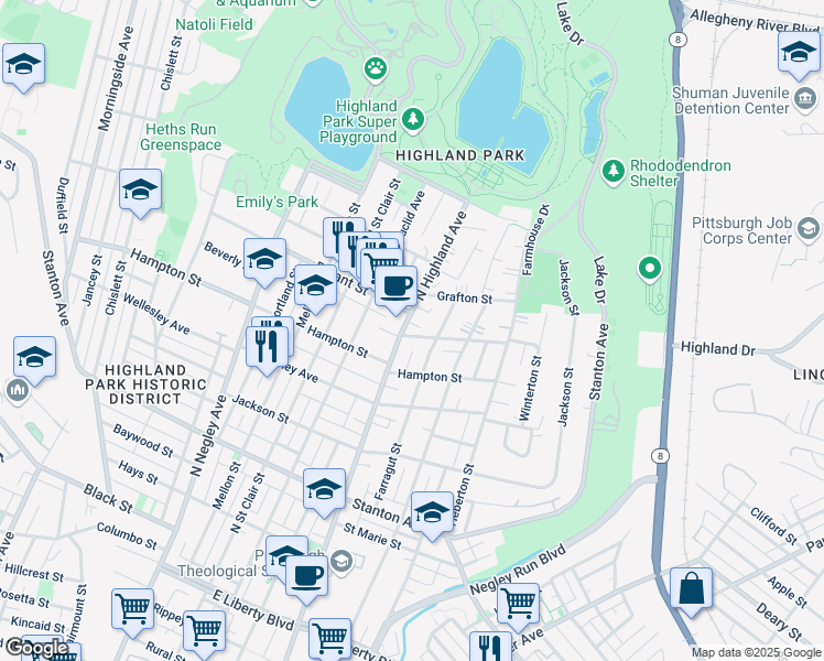map of restaurants, bars, coffee shops, grocery stores, and more near 1200 North Highland Avenue in Pittsburgh