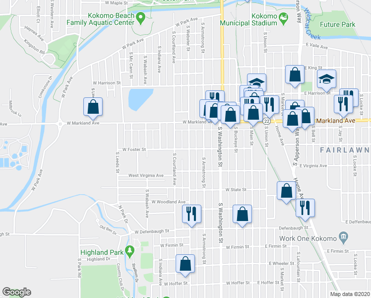 map of restaurants, bars, coffee shops, grocery stores, and more near 501 West Foster Street in Kokomo