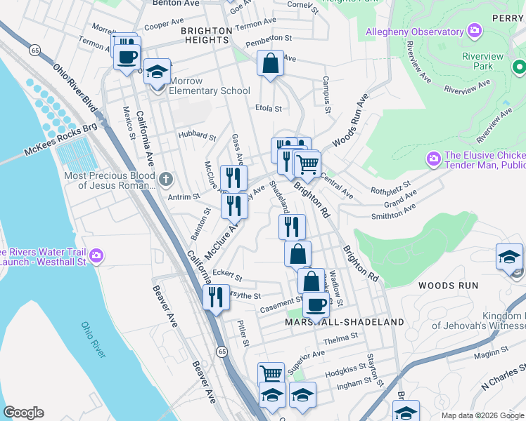 map of restaurants, bars, coffee shops, grocery stores, and more near 1325 Malden Street in Pittsburgh