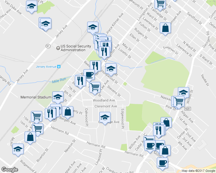 map of restaurants, bars, coffee shops, grocery stores, and more near 118 Stevens Street in North Brunswick Township