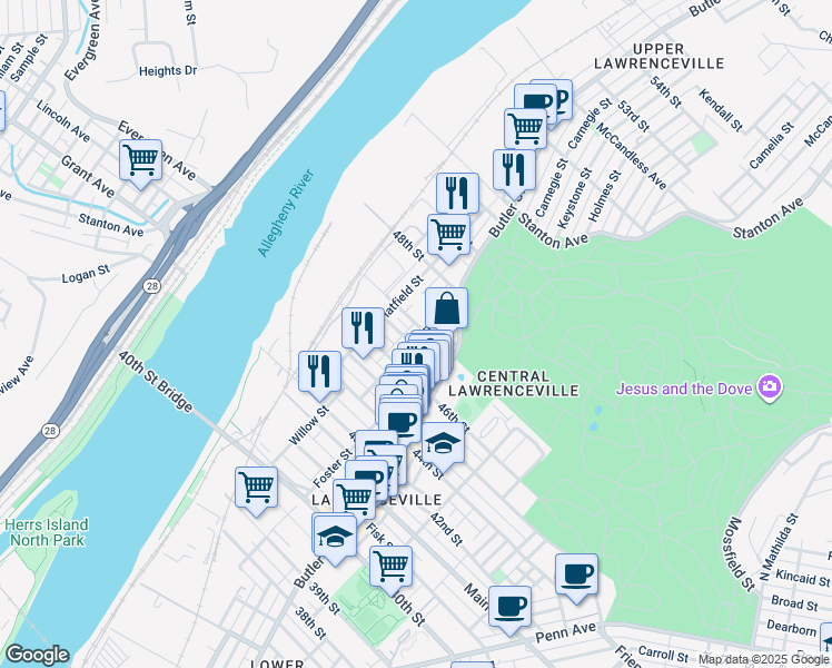 map of restaurants, bars, coffee shops, grocery stores, and more near 4644 Plummer Street in Pittsburgh