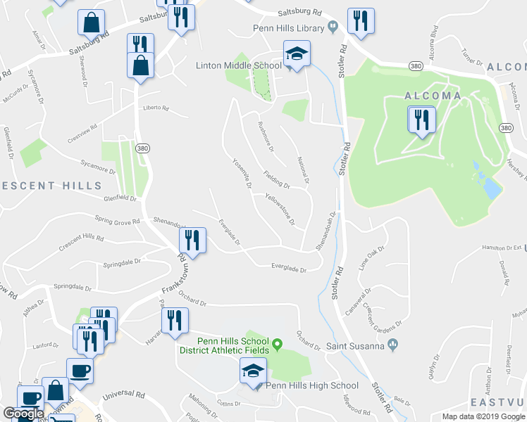 map of restaurants, bars, coffee shops, grocery stores, and more near 142 Yosemite Drive in Pittsburgh