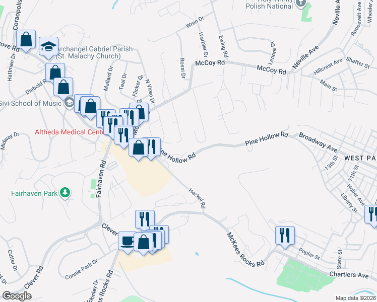 map of restaurants, bars, coffee shops, grocery stores, and more near 1696 Pine Hollow Road in McKees Rocks