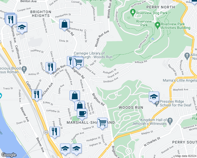 map of restaurants, bars, coffee shops, grocery stores, and more near 1055 Grand Avenue in Pittsburgh