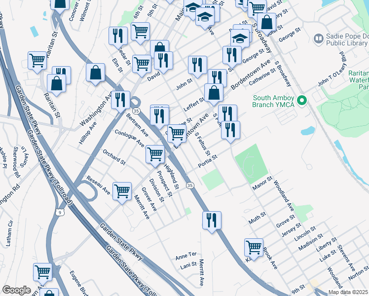 map of restaurants, bars, coffee shops, grocery stores, and more near 324 Parker Avenue in South Amboy