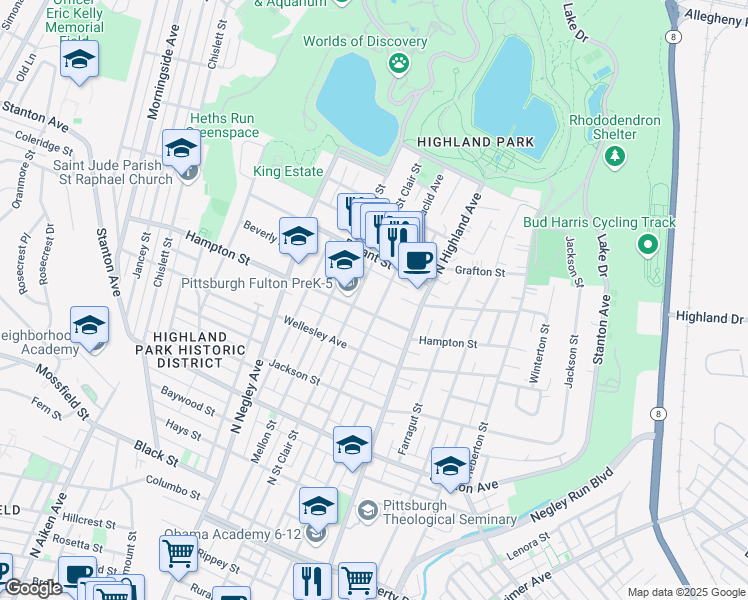 map of restaurants, bars, coffee shops, grocery stores, and more near 5806 Hampton Street in Pittsburgh