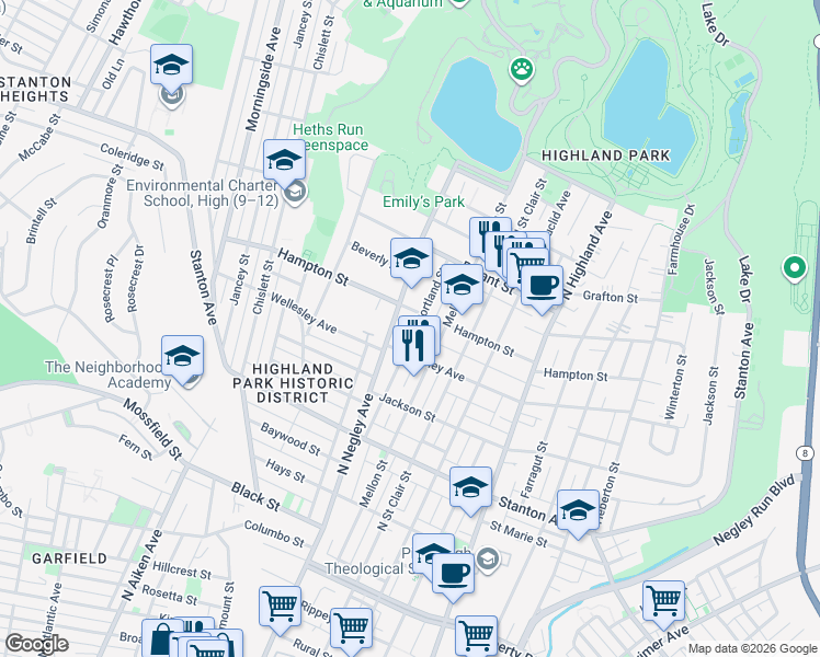 map of restaurants, bars, coffee shops, grocery stores, and more near 1012 North Negley Avenue in Pittsburgh
