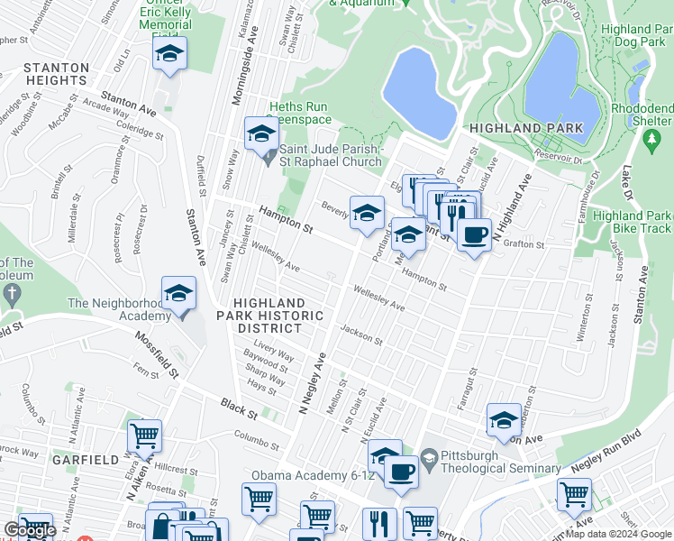 map of restaurants, bars, coffee shops, grocery stores, and more near 5545 Wellesley Avenue in Pittsburgh