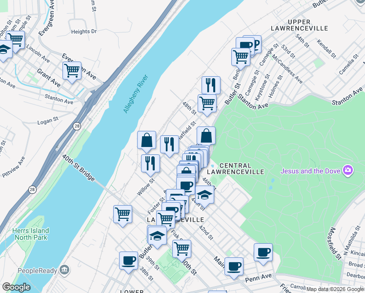 map of restaurants, bars, coffee shops, grocery stores, and more near 148 Holly Way in Pittsburgh