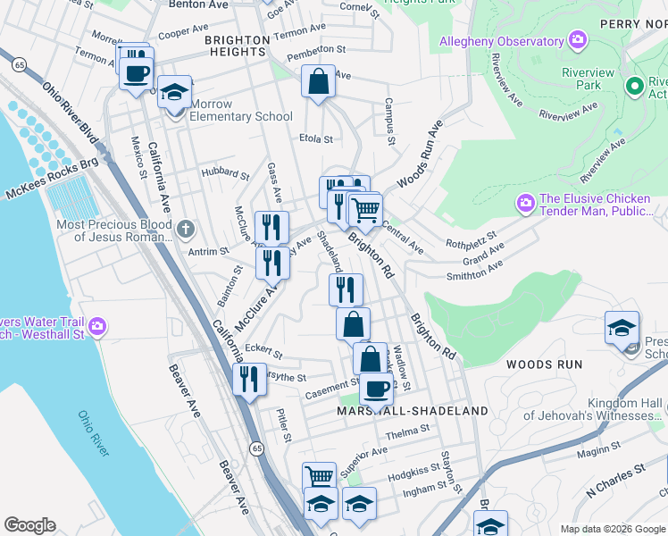 map of restaurants, bars, coffee shops, grocery stores, and more near 1329 Geyer Avenue in Pittsburgh