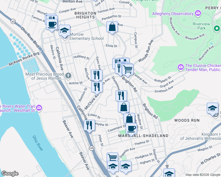 map of restaurants, bars, coffee shops, grocery stores, and more near 1329 Geyer Avenue in Pittsburgh