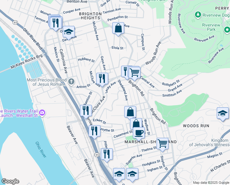 map of restaurants, bars, coffee shops, grocery stores, and more near 1325 Malden Street in Pittsburgh