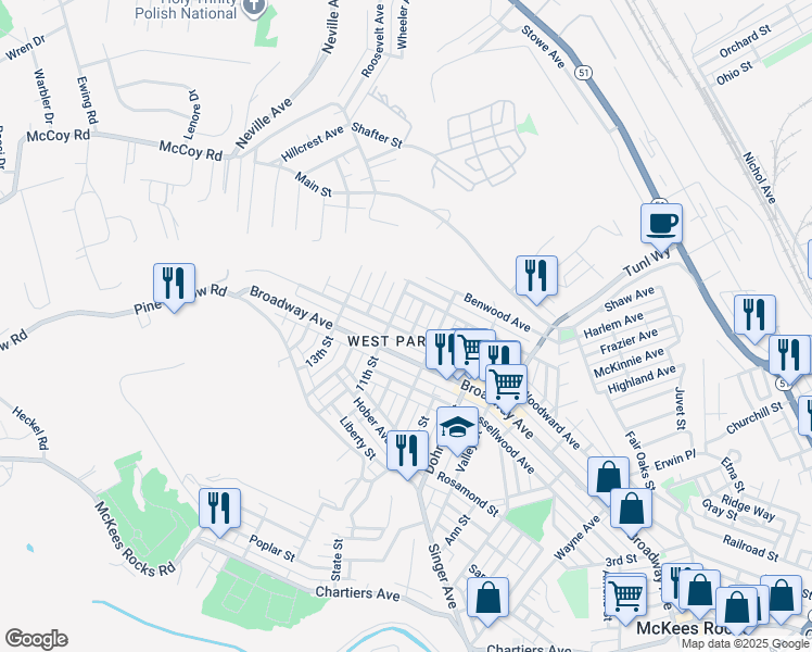 map of restaurants, bars, coffee shops, grocery stores, and more near 935 Woodward Avenue in McKees Rocks