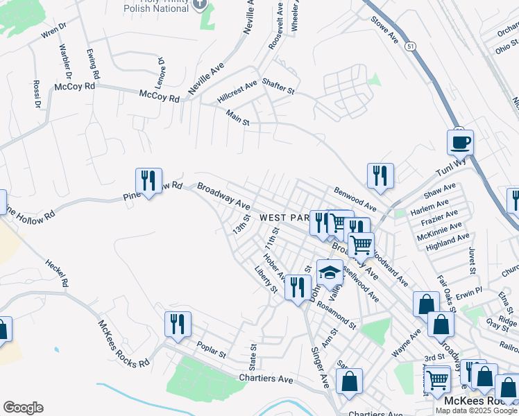 map of restaurants, bars, coffee shops, grocery stores, and more near 1204 Broadway Avenue in McKees Rocks