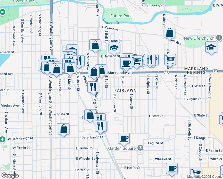 map of restaurants, bars, coffee shops, grocery stores, and more near 1112 South Bell Street in Kokomo