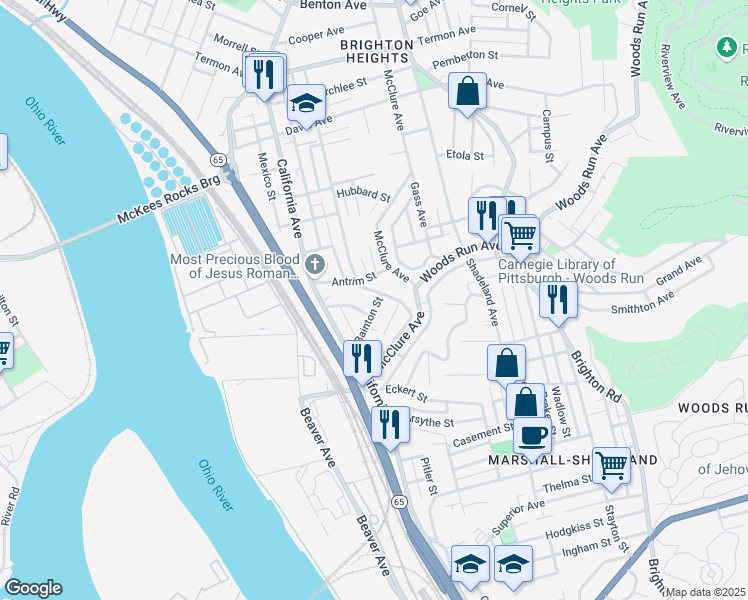 map of restaurants, bars, coffee shops, grocery stores, and more near 3261 Bainton Street in Pittsburgh