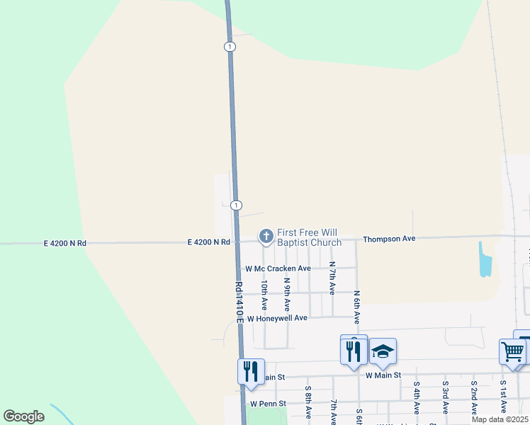 map of restaurants, bars, coffee shops, grocery stores, and more near 615 North Dixie Highway in Hoopeston
