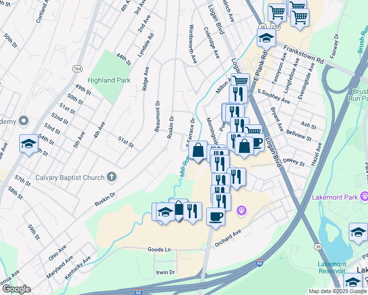 map of restaurants, bars, coffee shops, grocery stores, and more near 622 North Terrace Drive in Altoona