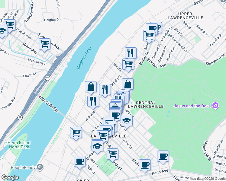 map of restaurants, bars, coffee shops, grocery stores, and more near 148 Holly Way in Pittsburgh