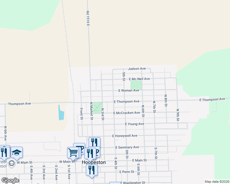 map of restaurants, bars, coffee shops, grocery stores, and more near 501 East Wyman Avenue in Hoopeston