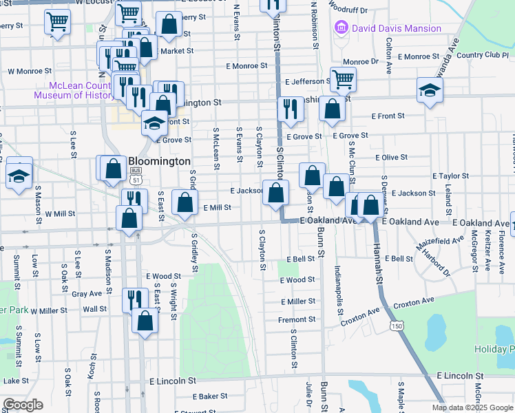 map of restaurants, bars, coffee shops, grocery stores, and more near 507 1/2 South Clayton Street in Bloomington