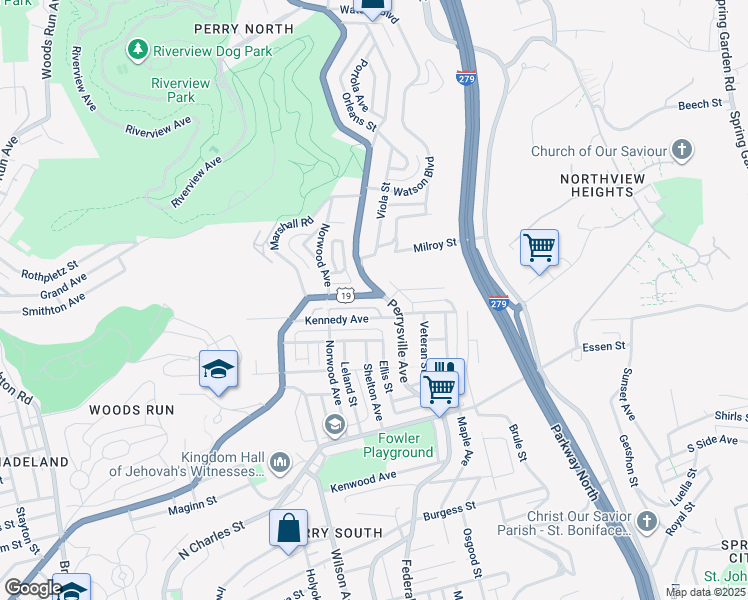 map of restaurants, bars, coffee shops, grocery stores, and more near 103 U.S. 19 in Pittsburgh
