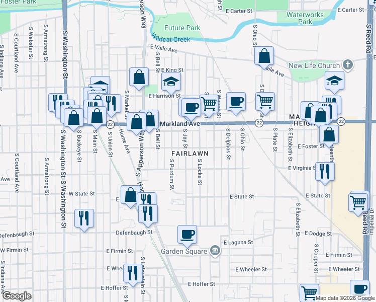 map of restaurants, bars, coffee shops, grocery stores, and more near 1113 South Locke Street in Kokomo