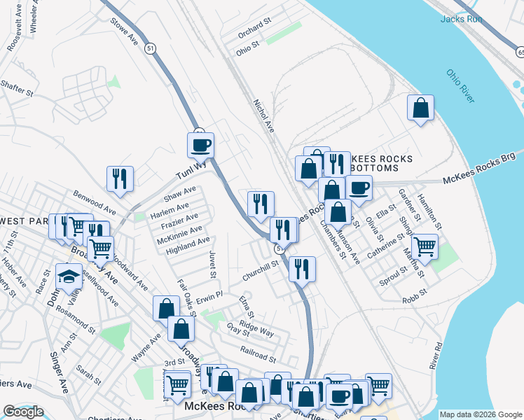 map of restaurants, bars, coffee shops, grocery stores, and more near 827 O'Donovan Street in McKees Rocks