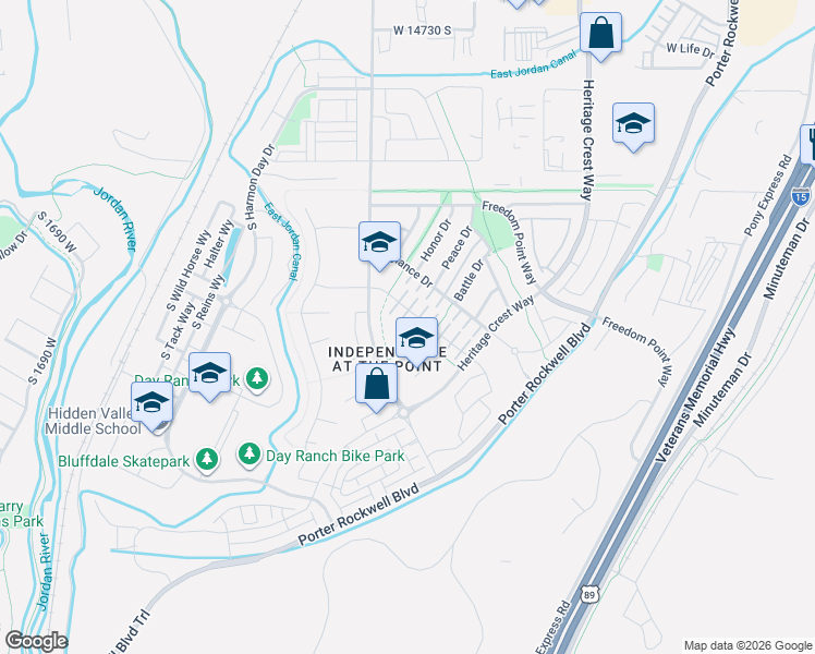 map of restaurants, bars, coffee shops, grocery stores, and more near Cutlass Court in Bluffdale