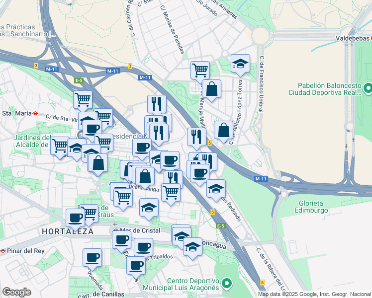 map of restaurants, bars, coffee shops, grocery stores, and more near 9 Calle Vía de los Poblados in Madrid