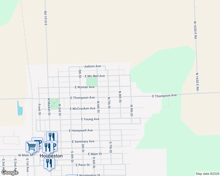 map of restaurants, bars, coffee shops, grocery stores, and more near 801 East Wyman Avenue in Hoopeston