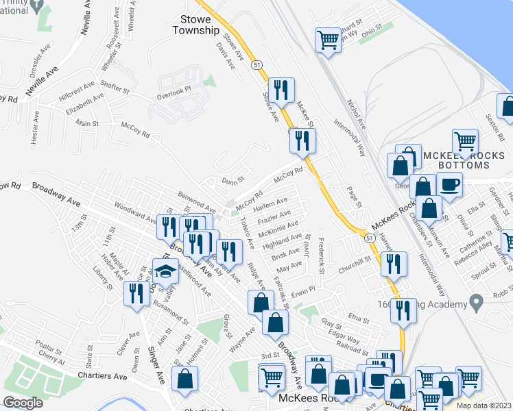 map of restaurants, bars, coffee shops, grocery stores, and more near 53 Harlem Avenue in McKees Rocks