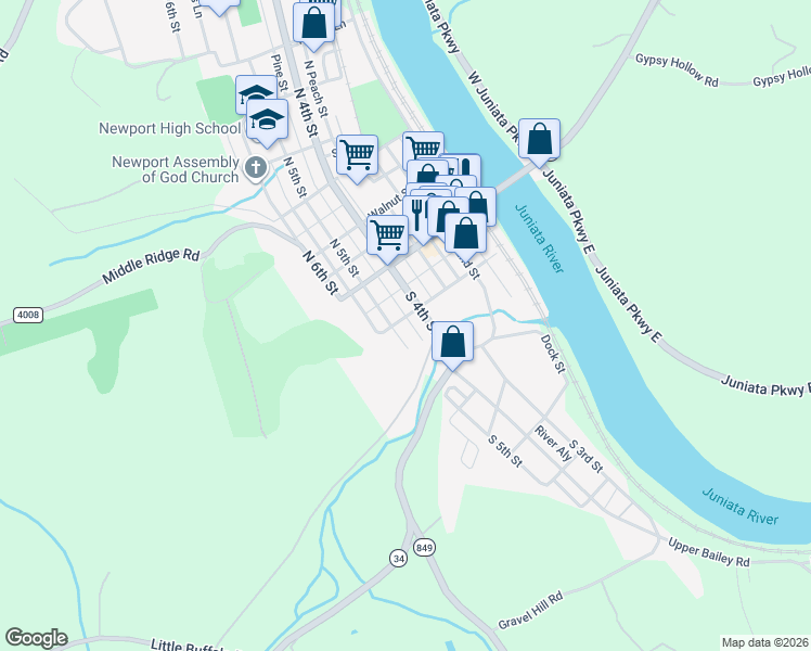 map of restaurants, bars, coffee shops, grocery stores, and more near 132 South 4th Street in Newport