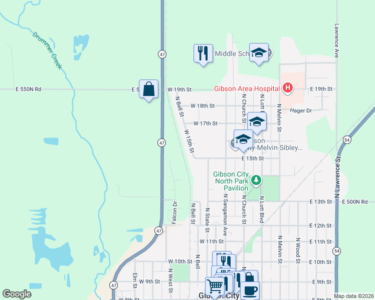 map of restaurants, bars, coffee shops, grocery stores, and more near 809 North Bell Street in Gibson City